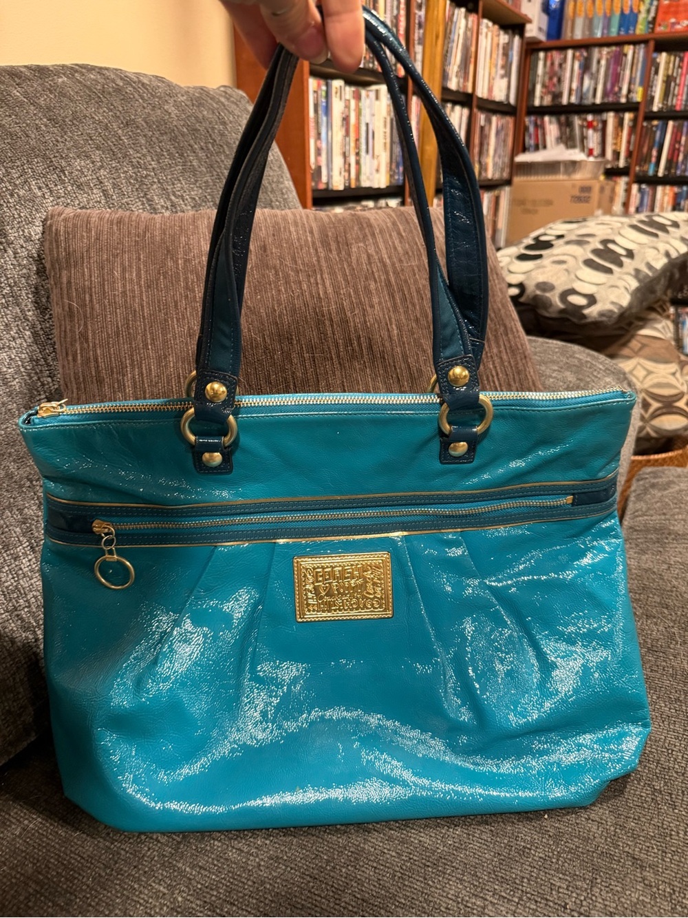 Coach Teal Patent Tote Bag with Gold Accents